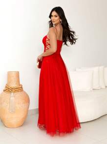 LONG WEDDING DRESS IN  TULL WITH BRAIDS AND BRAIDED SHINE - Rojo - Ver 2