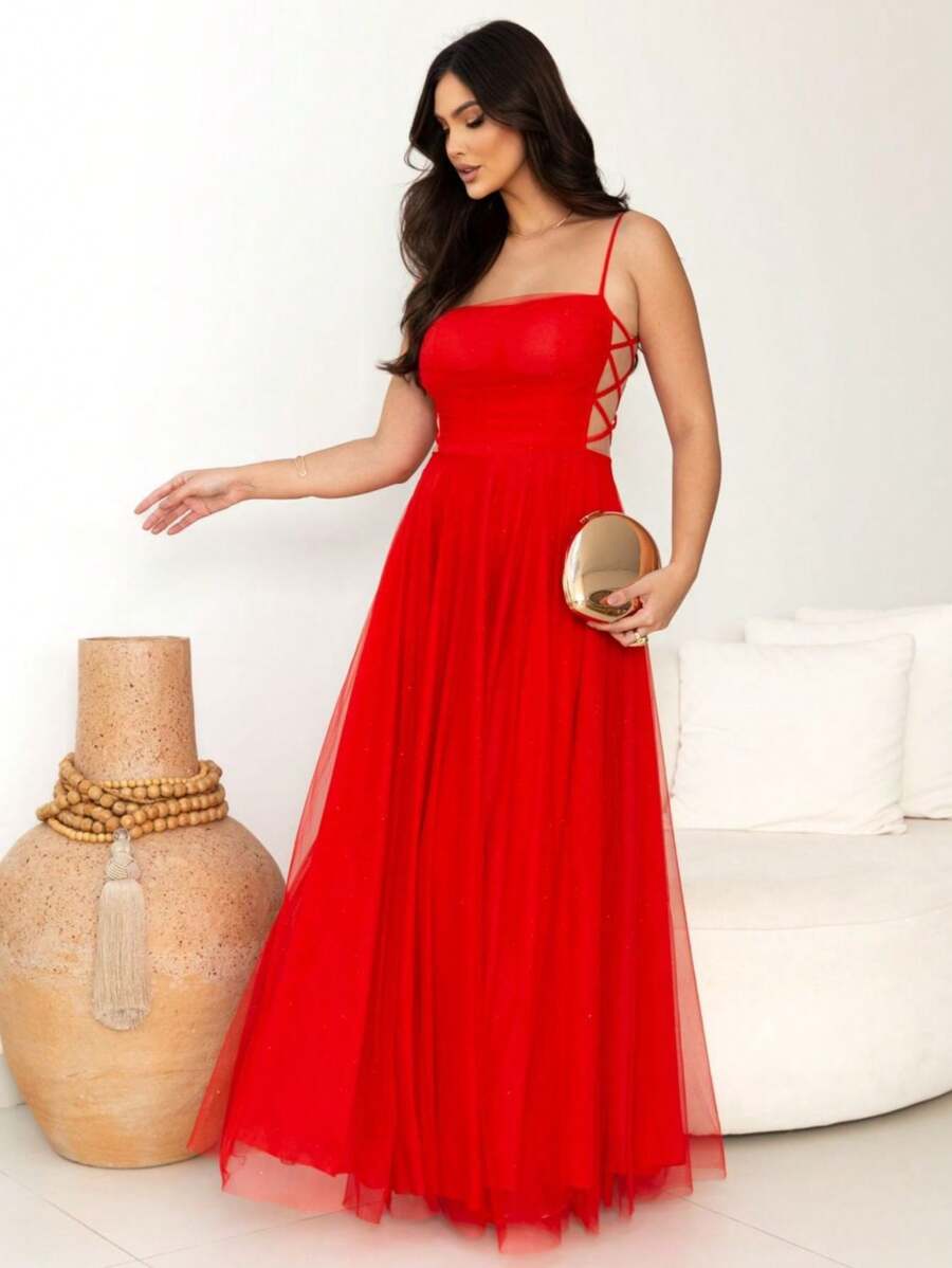 LONG WEDDING DRESS IN TULL WITH BRAIDS AND BRAIDED SHINE - Rojo - Ver 1