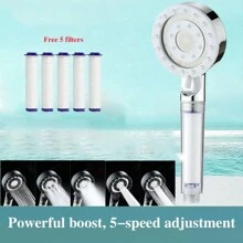 1个可调节5种模式高压淋浴喷头，节水按摩淋浴过滤喷头，带5个滤芯，黑色/银色可选，浴缸喷头，浴室配件，浴室用品，浴室工具 - 彩色 - 查看 2
