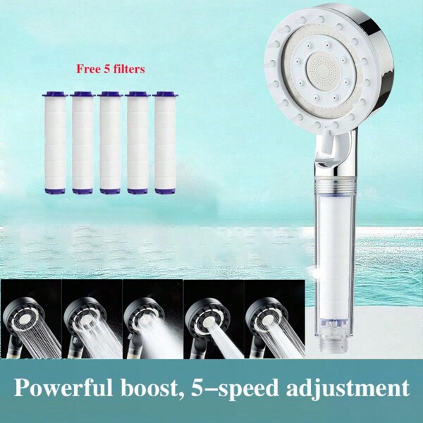 1PC Shower Head Adjustable 5 Modes High Pressure Shower Head Water Saving Massage Shower Filter Shower Head, With 5 Filter Elements,Black/Silver Optional Bath Spray Head Bathroom Accessories