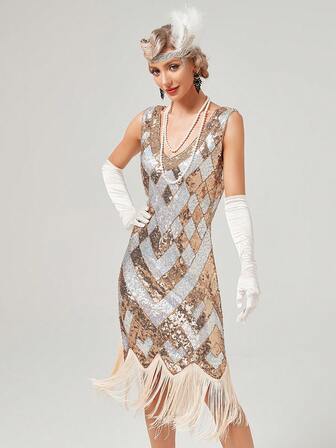 女式 20 世纪 20 年代轻佻女郎连衣裙复古 20 年代服装流苏盖茨比鸡尾酒会礼服（不含手套）