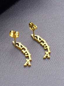 Aretes con nombre personalizado para mujeres, joyas de acero inoxidable con inicial y placa de nombre, aretes de clavos para uso diario como regalo - Dorado - Ver 2