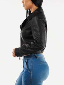 Long Sleeve Vegan Leather Crop Moto Jacket Black - Multicolor - View 4