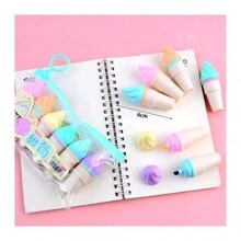 6pcs Mini Fluorescent Highlighter Pen Set, Cute Stationery For School & Office, Student Drawing Supplies, Kawaii Ice Cream Design Marker Pens For Painting, Doodling, Drawing, Writing, Learning, Holiday Gift, Study Award, DIY Pen Set,Back To School - Multicolor - View 6