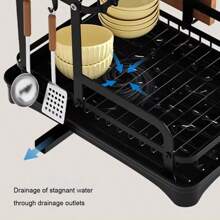NEW 2 Tier Dish Bowl Drainer Storage Rack Kitchen Dish Drying Rack With Drain Basket Countertop Dinnerware Organizer Drainboard - 黑色 - 查看 5