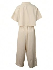 Plus Size Linen 2 Pieces Set: Short Sleeve Shirt And Wide Leg Pants, Casual Outfit For Spring/Summer