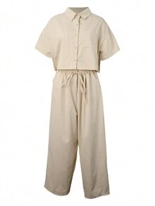 Plus Size Linen 2 Pieces Set: Short Sleeve Shirt And Wide Leg Pants, Casual Outfit For Spring/Summer