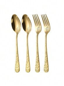 4/6/12pcs Stainless Steel 1010 Embossed Reusable Cutlery Set, Forks & Spoons, Suitable For Western Dishes, Pasta, Salad, Fruit, Cakes And Desserts, Ideal For Home, Afternoon Tea, Wedding, Picnic