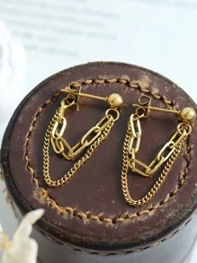 一对镶嵌宝石的时尚链条流苏耳环，适合女性日常佩戴，韩式双层夹式耳环，欧美假日风格 - 金黃色 - 查看 1