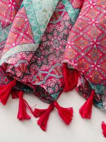 优雅简约丝巾，时尚女士真丝围巾，色彩鲜艳的印花大披肩，波西米亚风沙滩披肩，亚麻质感女士披肩，春夏款 - 彩色 - 查看 4