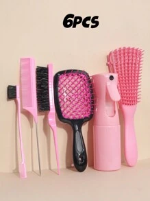 Set de cepillo desenredante, peine rizado, 3 piezas/5 piezas/6 piezas, cepillo para el cabello rizado húmedo y seco para cabello natural rizado, botella de spray, cepillo de peine, peine de cola de rata, cepillo para el borde y parte posterior para cabello grueso, y delgado, herramientas para el cuidado del cabello (rosa, morado, negro)