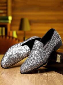 Men's Pointed Toe Casual Leather Shoes, New Korean Fashion Shiny Soft Sole Wedding Shoes - Silver - View 2