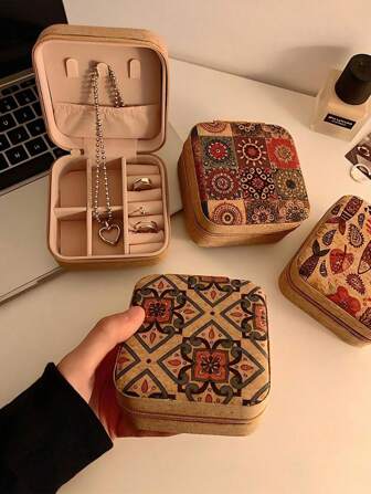 1个迷你复古印花首饰盒，可收纳耳环、戒指、项链，旅行收纳盒，优雅印花首饰盒，多功能首饰收纳盒