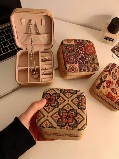 1个复古印花迷你首饰盒，可收纳耳环、戒指、项链，旅行收纳盒，优雅印花首饰盒，多功能首饰收纳盒