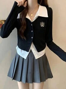 二合一 Polo 领衬衫，学院风，秋季 - 黑色 - 查看 3