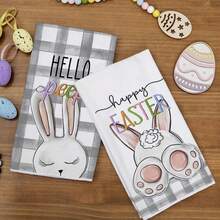2pcs, Rabbits, Happy Easter, Black And White Plaid Super Soft Fiber Kitchen Towels, 18"X26" Seasonal Kitchen Decor Dish Cloths, Napkins, Housewarming Disguise Gifts - Multicolor - View 2
