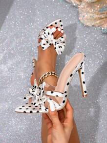 Black & White Bowknot Pointed Toe Mule Sandals, French High Heels, Stylish Slip-On Slip-On Sexy Open Toe Slippers, 2025 Summer New Arrival