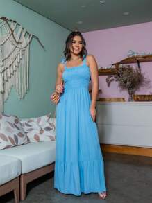Kit 2 Women's Long Lastex Dresses With Straps And Tie Straps - AZUL BEBE+branco - Xem 2