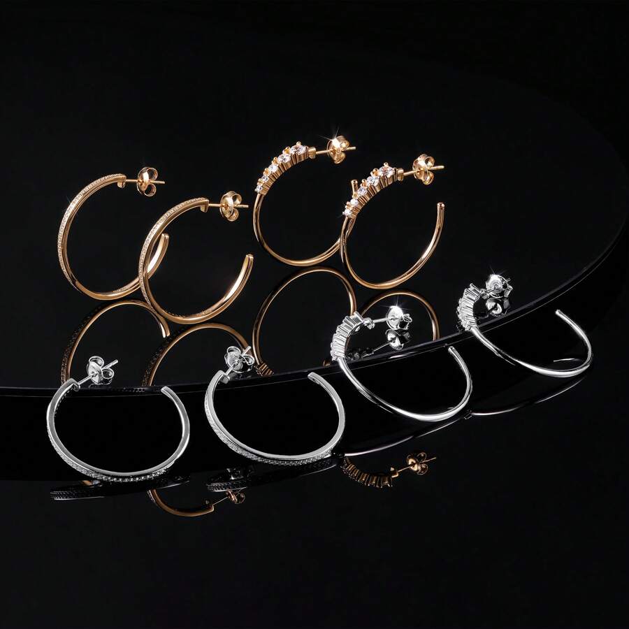 MDFUN 1 对 925 银质方晶锆石环形耳环，送给女朋友的时尚设计礼物，适合日常佩戴，男女皆宜的防过敏耳环 - 金黃色 - 查看 1