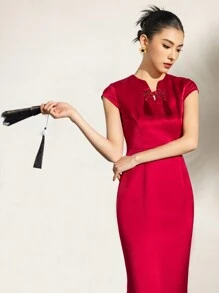 短袖流苏边后开衩缎面新款中式旗袍连衣裙 - 紅色 - 查看 7