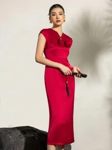 短袖流苏边后开衩缎面新款中式旗袍连衣裙 - 紅色 - 查看 5