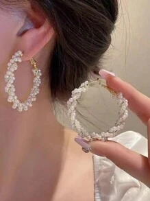 1 对优雅简约串珠仿珍珠环绕耳环，适合正式活动、日常休闲装、韩式和日式风格 - 金色 - 查看 2