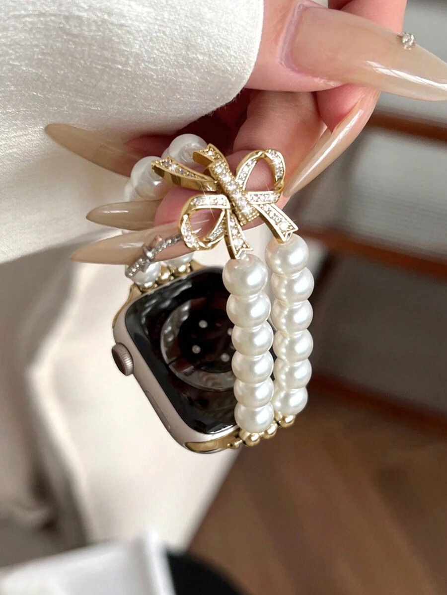 1 件女式白色金属时尚珍珠水钻蝴蝶结松紧带，适用于 38/40/41/44/45/49/42/46 毫米系列 11/SE3/Ultra3/Ultra/SE/SE2/10/9/8/7/6/5/4/3/2/1 - 白珍珠-金蝴蝶結 - 查看 1
