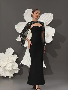 黑色绷带紧身连衣裙，优雅正式中长鱼尾晚礼服，欧美风格，派对礼服，婚礼宾客礼服 - 黑色 - 查看 2