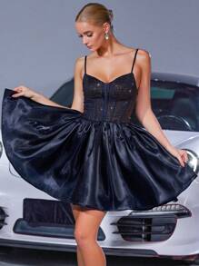 Glamorous Rhinestones Decor Mesh Contrast Open Back Criss-Cross Strap Flare Hem Party Cocktail Dress, Wedding Guest Dress - Navy Blue - View 3