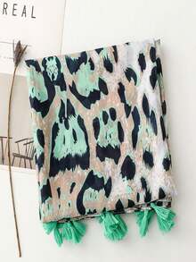 1条简约优雅丝巾，时尚女士真丝围巾，饰以活力豹纹印花，大号披肩，适合春夏穿着，波西米亚风沙滩罩衫，棉麻质感披肩 - 彩色 - 查看 6