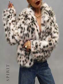 SPIRIT Abrigo de peluche para mujer elegante con solapa y dos broches de gancho al frente, finamente forrado con imitación de pelo natural mink, color blanco con gris estilo leopardo, para temporada de otoño/invierno, ideal para fiestas o de manera casual, moda chic. Talla Chica/Mediana y Grande/Extragrande - Multicolor - Ver 2