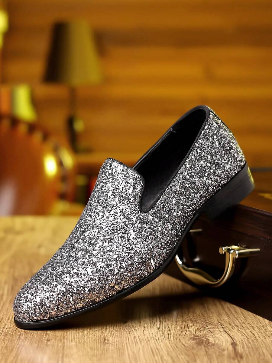 Men's Pointed Toe Casual Leather Shoes, New Korean Fashion Shiny Soft Sole Wedding Shoes - Silver - View 1