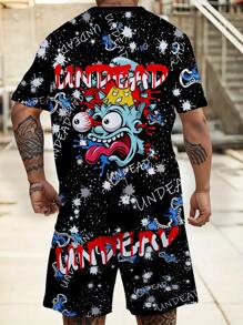 2pcs/Set Men Plus Size Zombie Graphic & Letter Print Stylish T-Shirt & Shorts Set, Suitable For Spring/Summer Casual And Beach Vacation - Black - View 2