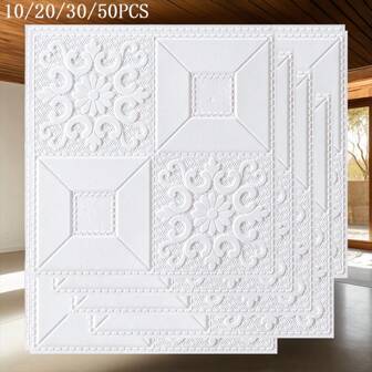 10/20/30/50pcs 35*35cm Self-Adhesive 3D White Wall Stickers, Waterproof Moisture-Proof Wall Decor For Living Room, Bedroom, Dormitory, Office, Ceiling