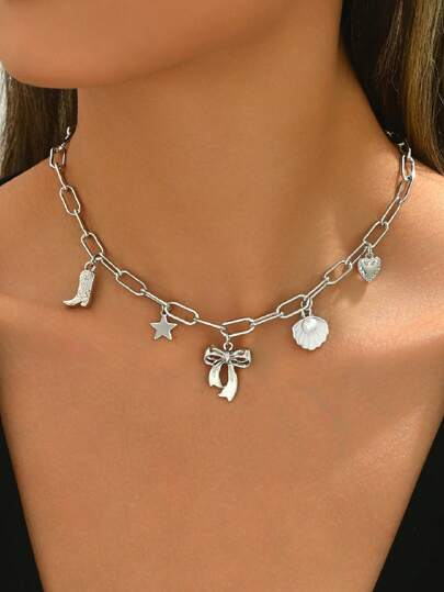 1pc Butterfly, Shell, Knighthood Charm Silver Necklace With Multi-Pendants, Fashionable Alloy Collarbone Chain For Women, Suitable For Daily Wear And Travel