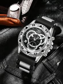 1 pieza Correa de hombre de goma negra, de moda, casual, con escala mixta para deportes, esfera redonda para uso diario o como regalo de vacaciones