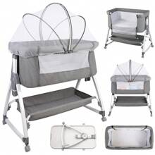 Grey Foldable Cododo Baby Cradle, Expandable Baby Bed, Bedside Table 80x40cm, 6-Way Height Adjustable And Mobile On Wheels, Lower Storage Basket, A-Shaped Feet, Mosquito Net, Side Zipper Can Be Completely Lowered, 360-Degree Rotating Wheels - 灰色 - 查看 5