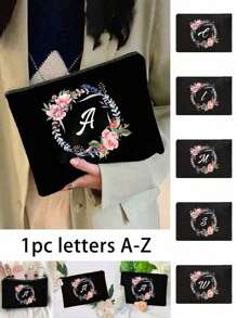 1 件首字母印花女士化妆包，黑色小包，印有花环和字母 A-Z，化妆包，便携式洗漱包，教师节礼物，可重复使用的化妆包，女士简约大容量旅行化妆包，波西米亚风