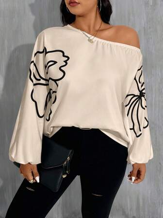 大码花卉印花灯笼袖衬衫