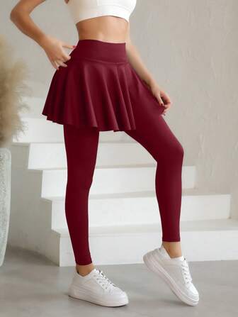 1 Pc Women's Skirt Leggings Suitable For Yoga And Tennis, Tight-Fitting Pants With Skirt And Pockets, Women Sports Wear, Comfortable And Fashionable Sports Outfit, Full Length Yoga Pants, Suitable For Active Lifestyle, High Waist Design Suitable For Fitness Enthusiasts