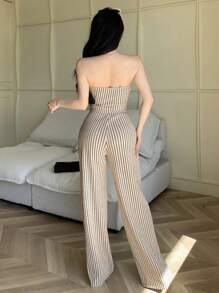 abyoxi 杏色性感不对称扭结系带露脐上衣和阔腿裤休闲套装，两件套，条纹提花面料，适合年轻时尚达人，打造活力时尚的通勤休闲造型，春夏新款女装 - 杏色 - 查看 2