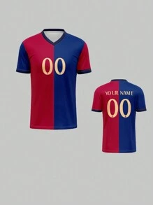 定制球衣，巴塞罗那，透气快干 210G 春夏男女款短袖 T 恤，球队/俱乐部训练 V 领足球运动上衣，正面和背面印有姓名号码标志，舒适贴合日常、休闲、派对 - 彩色 - 查看 9