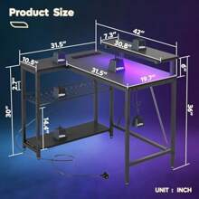 L Shaped Desk With Power Outlets LED Lights Compact Corner Desk Shelves Reversible Computer Desk Hooks For Home Office Bedroom Small Space 106.5CM - CarbonFiber-106.5CM - View 3