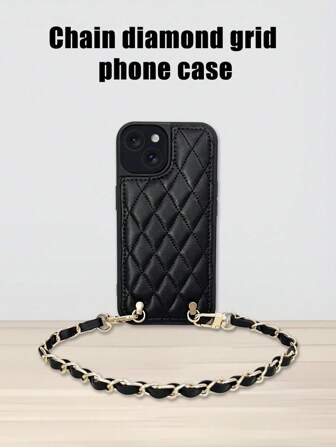 奢华 3D 风格菱形链条手机壳，优质柔软皮革手感保护手机袋，兼容 iPhone 16、15、14、13、12 Plus、Pro Max，简约创意风格，可搭配肩带或腕带