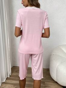 Women Lace Trim Contrast Color Short Sleeve Top & Shorts Pajama Set, Spring/Summer - Pink - View 2