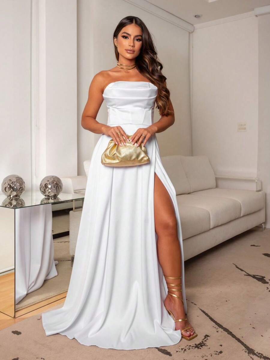 LONG BRIDESMAID PARTY DRESS WITH SATIN SLIT - White - View 1