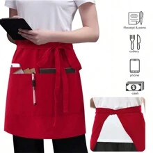 1pc Kitchen Server Essential 4-Color Waist Apron, 3 Pockets, 55cm Length Service Apron Waterproof For Server Chef Waitress, Black/White/Red/Navy - Black - View 5