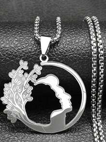 Collar con colgante de cara y luna de árbol para mujeres y hombres, de acero inoxidable en color oro y plata, joyería de regalo