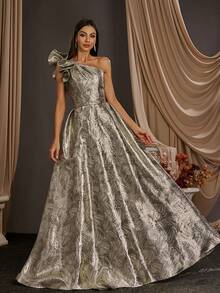 1 pièce Robe de soirée longue, élégante, à une épaule, avec sequins jacquard pour femmes Anymoon - Doré - Voir 6