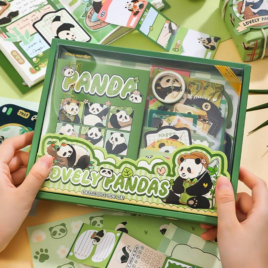 治愈碎片熊猫礼盒套装，包含笔记本、动物熊猫贴纸、胶带、书写用品，ins风唯美，适合学校用品，返校季